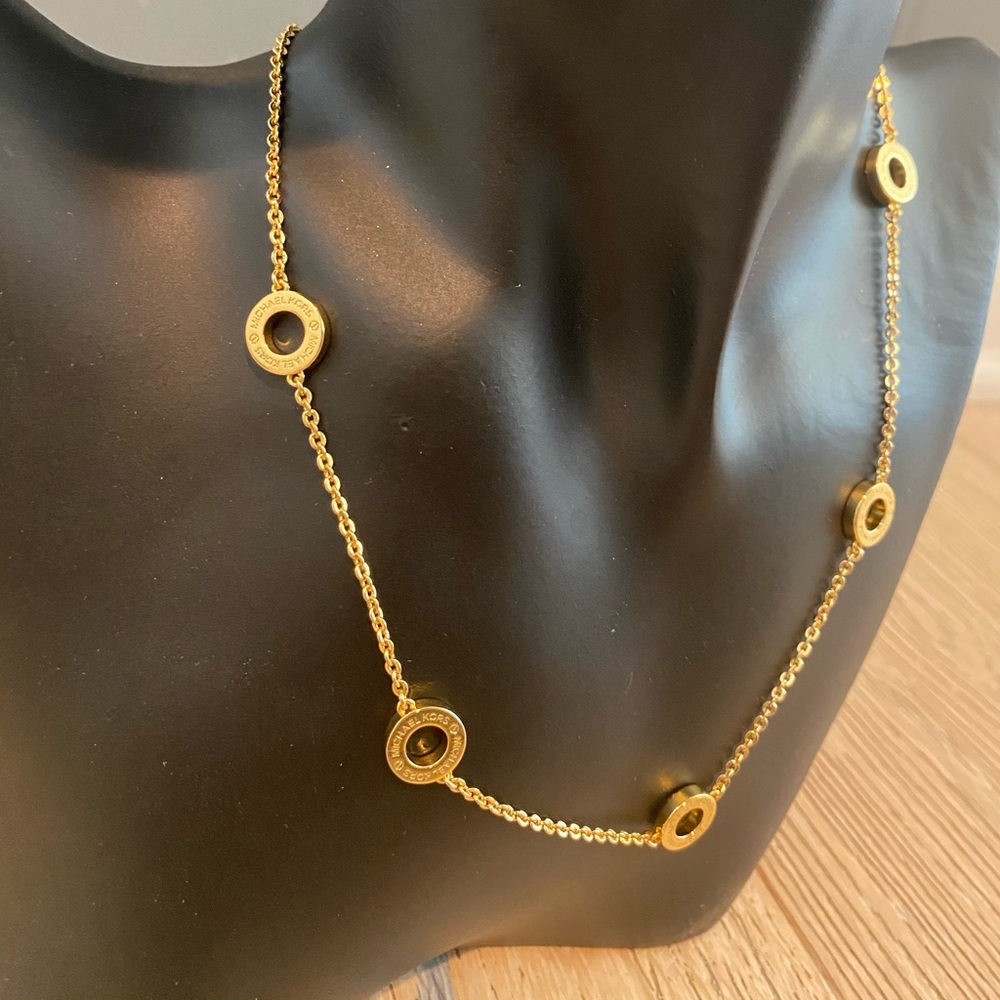 Michael Kors Logo Disc Station Necklace Gold Tone